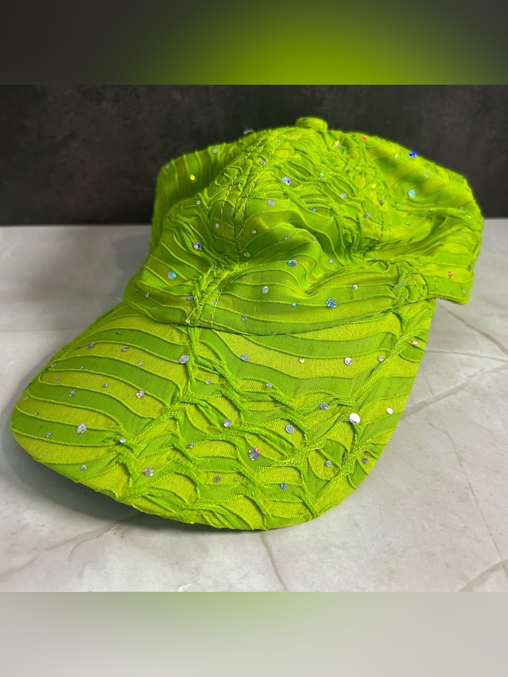 Embellished Neon Green Ruched Baseball Cap